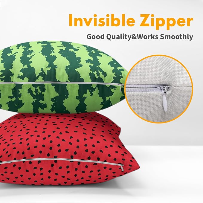 Watermelon Pillow Covers 24X24 Inch Set of 2 Summer Fruits Decorative Pillow Cases Green Red Stripes Cotton Linen Cushion Case Farmhouse Modern Home Decor for Sofa Couch Bedroom