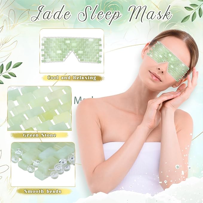 Chicingyou 8 Pcs Jade Eye Mask Bulk with 100% Real Jade Reusable Facial Cooling Mask with Beads for Hot and Cold Therapy to Reduce Wrinkles Puffiness Migrained and Anti-Aging(Green)
