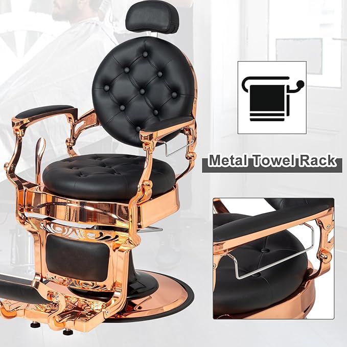 Winado Heavy Duty Vintage Recline Barber Chair Hydraulic with Headrest, Supports up to 700lbs & 360° Rotatable, Professional Salon Beauty Spa Shampoo Equipment (Rose Gold - Button Style)