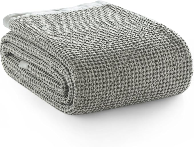 PHF Stone Washed 100% Cotton Waffle Blanket, Vintage Deep Honeycomb Texture, Breathable Thermal Blanket for Bed & Home Decor, All Season Layering - King, Frosted Grey