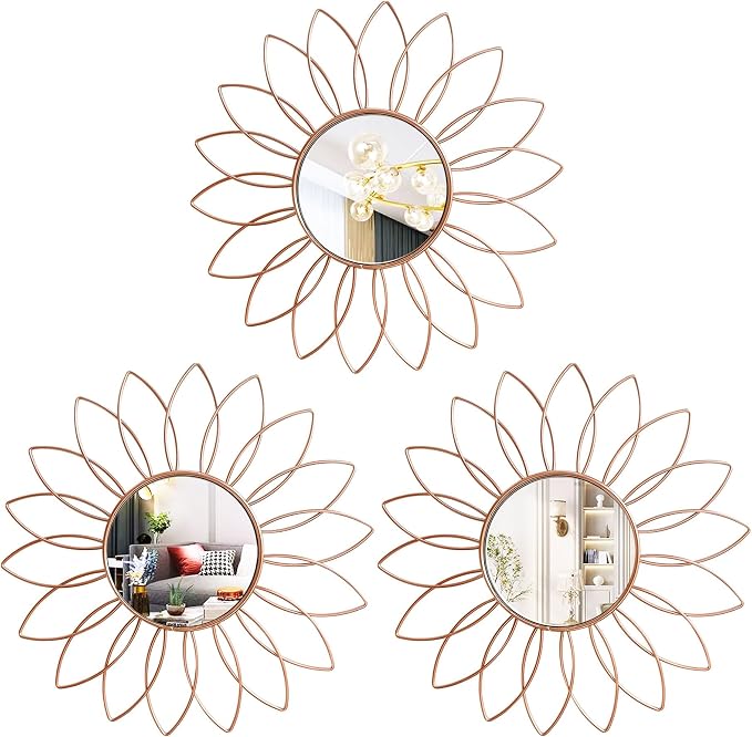 3 Pack Metal Mirrors for Wall Sunburst Wall Mirrors Home Décor Decorative Hanging Wall Art for Living Room Bedroom Entryway (Rose Gold2, Flowers)