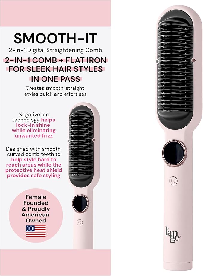 L'ANGE HAIR Smooth-It 2-in-1 Hot Comb Straightener | Digital Straightening Comb with Adjustable Heat Dial | Ionic Technology for Frizz-Free Styling | for All Hair Types (Digital Comb - Blush)