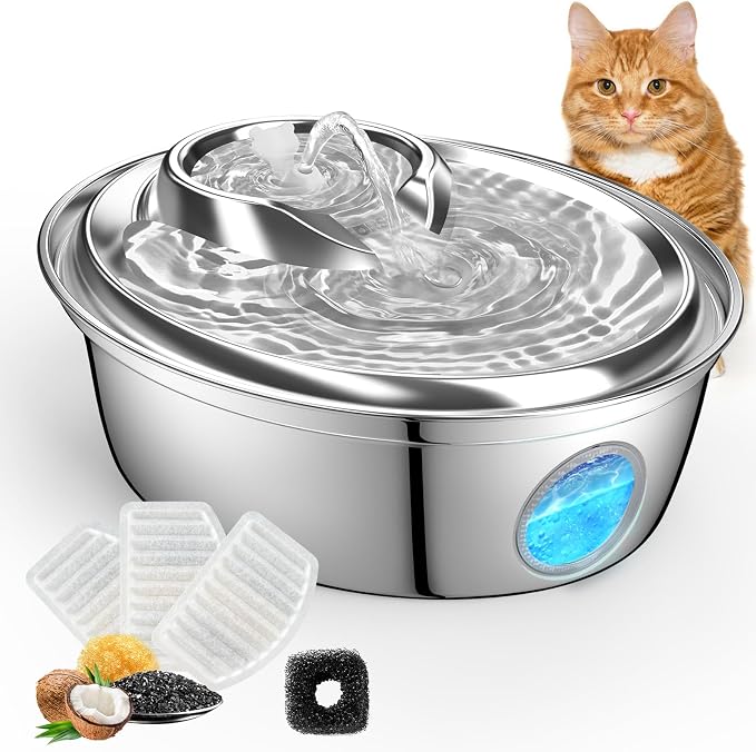 ORSDA Cat Water Fountain Stainless Steel, Automatic Pet Water Fountain, 67oz/2L Drinking Fountain Dog Water Dispenser with Water Level Window for Cats and Small Dogs- 3 Filters +1 Pump Sponges (D36)