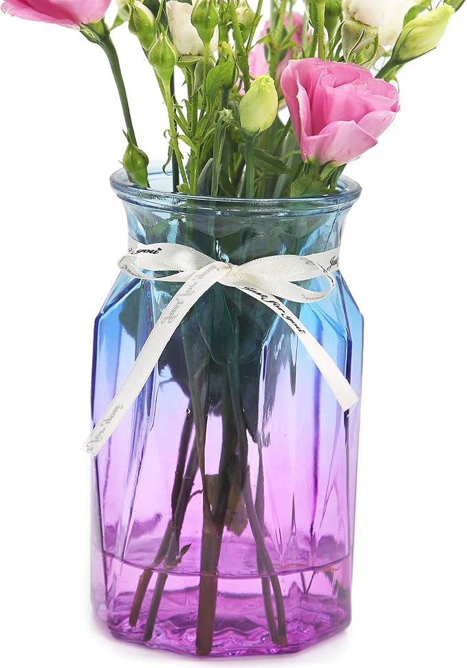 Flower Vase, Gradient Multicolor with Geometric Faceted Design Art Decorative Glass Vase for Wedding, Dinning, Bookshelf, Home Decoration or Gift