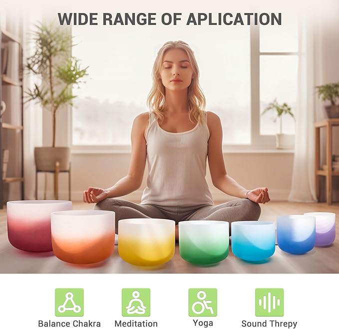 432Hz 6-12 Inch Set of 7 Quartz Crystal Singing Bowls with Gradient Colored Design, 2 Travel Carry Case Bags and Resonance Striker for Meditation and Sound Therapy