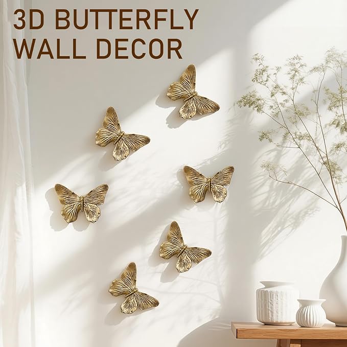 GUSFREUD 3D Butterfly Wall Decor Set – Resin Wall Decor for Living Room, Bedroom, Bathroom, Dining Room, Outdoor and Gallery Walls - Antique Copper - Set of 6