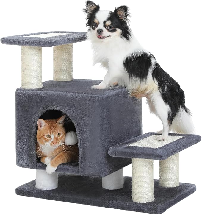 3-in-1 Cat Stairs with Scratching Post & Condo, Pet Steps, Dark Grey | Pet Steps for High Beds, Sofa, Couch, Tall Cat Tower, High-Strength Boards for Indoor Small Cats Kittens Dogs Climbing Play