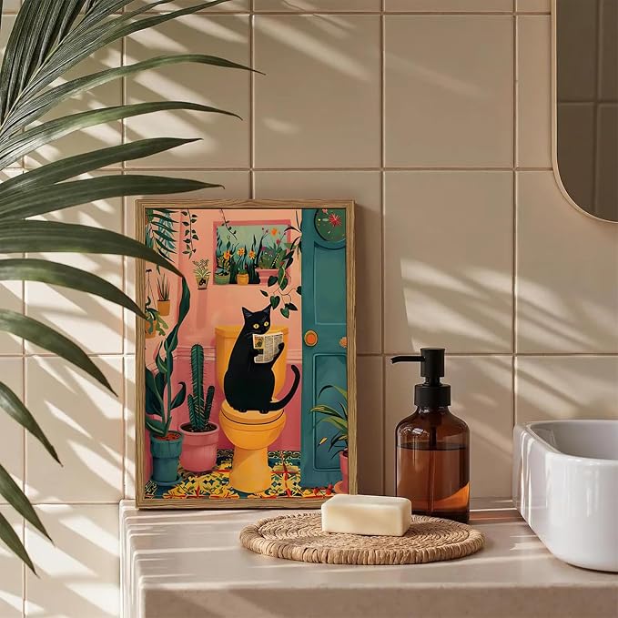 Funny Black Cat Bathroom Wall Art Whimsical Cat Reading Newspaper on Toilet Wall Decor Picture Cute Animal Bathroom Poster Canvas Painting Prints for Restroom 16x24 inch Framed