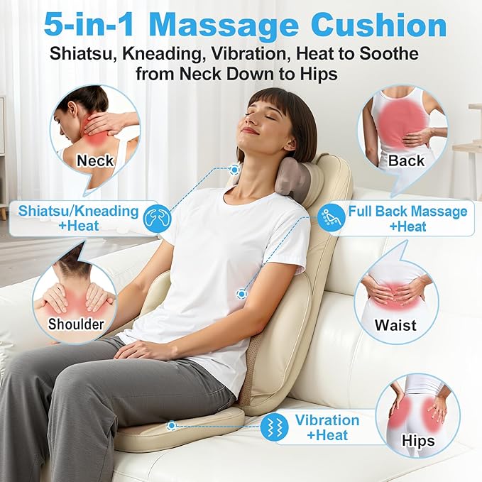 Shiatsu Massage Cushion with Heat for Neck and Back - 4D Kneading, Vibration and Dual-Neck Design, Adjustable Intensity and Height, Help with Muscle Stiffness, for Office Chair, Home, Beige