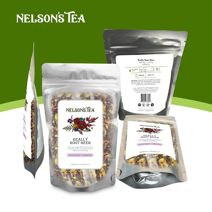 Nelson's Tea Really Root Beer - Cut & Sifted Sarsaparilla Root Tea Loose Leaf - Caffeine Free, Classic Herbal Blend with Burdock, Birch Bark, Dandelion, Licorice, Ginger and More (2 oz)