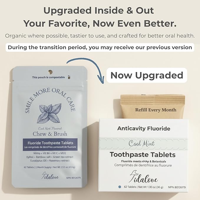 Tidalove Smile More Toothpaste Tablets with Fluoride & Hydroxyapatite (nHAp) – Vegan, Enamel Strengthening, Plastic-Free Paper Refill Pack, 62 Tablets, Cool Mint, 1 Month Supply, Travel-Friendly