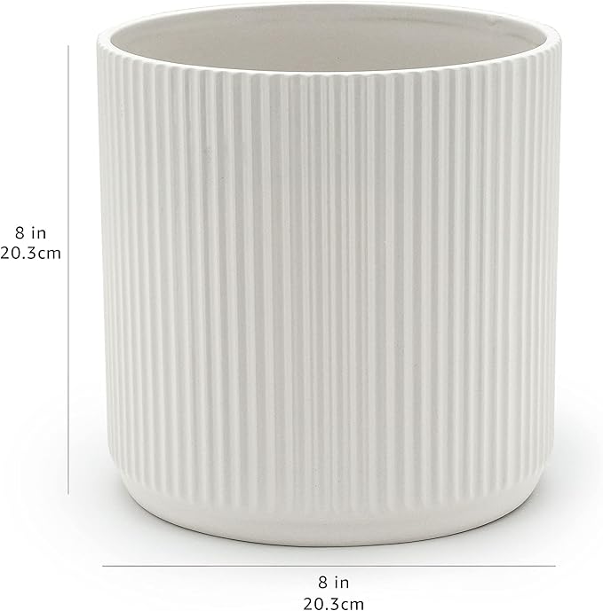 Amazon Basics Fluted Ceramic Planter Pot for Indoor Outdoor Plants, Round Flower Pot with Drainage Hole, 8-inch, White