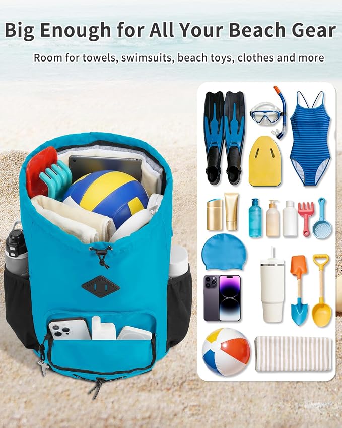 WANDF Drawstring Backpack with Removable Wet Pocket, Sandproof Beach Backpack with Bottom Compression Strap for Beach Mat, Swim Bag for Pool, Gym, Travel and Workout Gear (Teal)