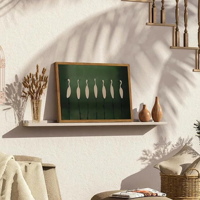 Framed Japanese Cranes Wall Art, Vintage Bird Pictures Wall Decor Paintings, Rustic Nature Animal Canvas Prints Minimalist Green Home Decor for Living Room Bedroom Office 12x16 inch