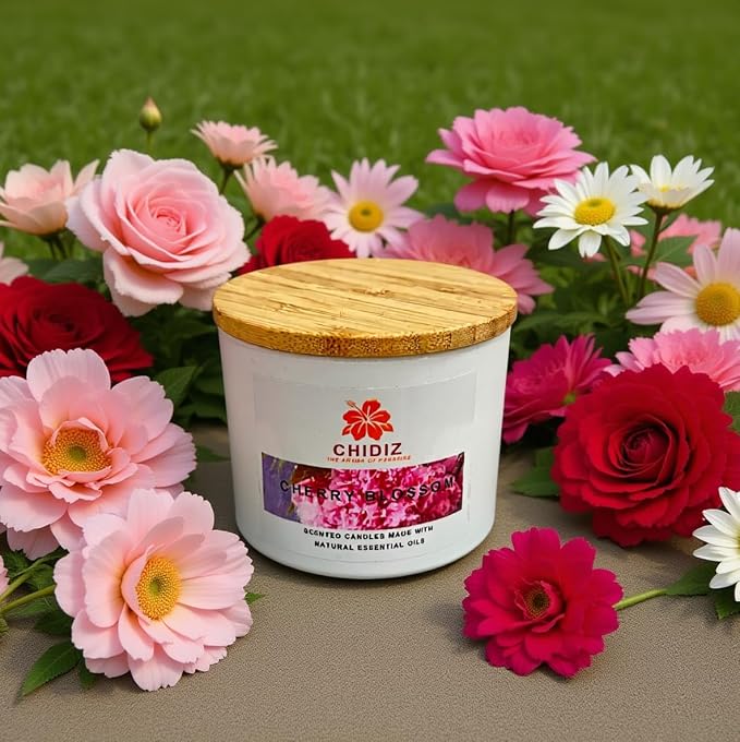 Cherry Blossom Soy Scented Candles | Large 1 Wick Jar Candle | Up to 45 Hours Burning Time | Relaxing Aromatherapy Candles | Housewarming Gift for Women and Men (Medium, Cherry Blossom)