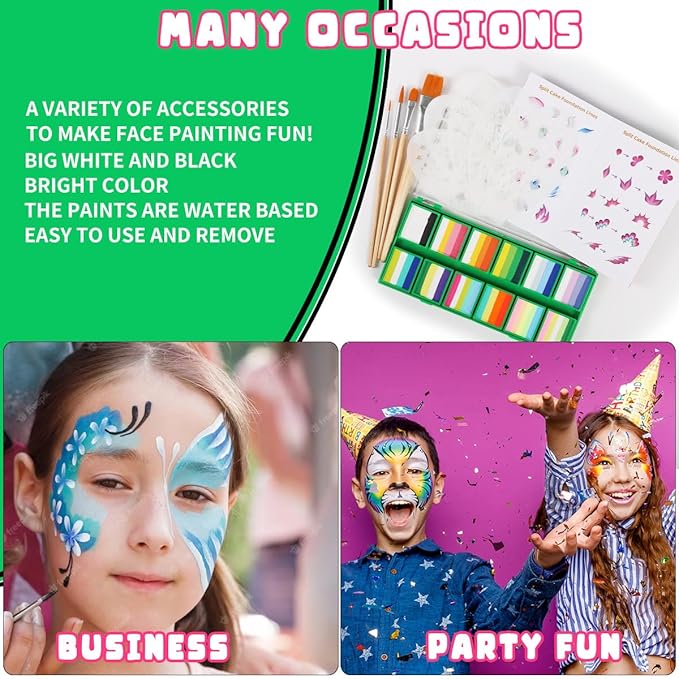 Bowitzki Face Paint 12x10 gm Professional Body Painting Kit For Kids Adults Stencil One Stroke Split Cake Non Toxic Rainbow Flora Unicorn Flame Makeup Halloween Christmas Easter -Green set