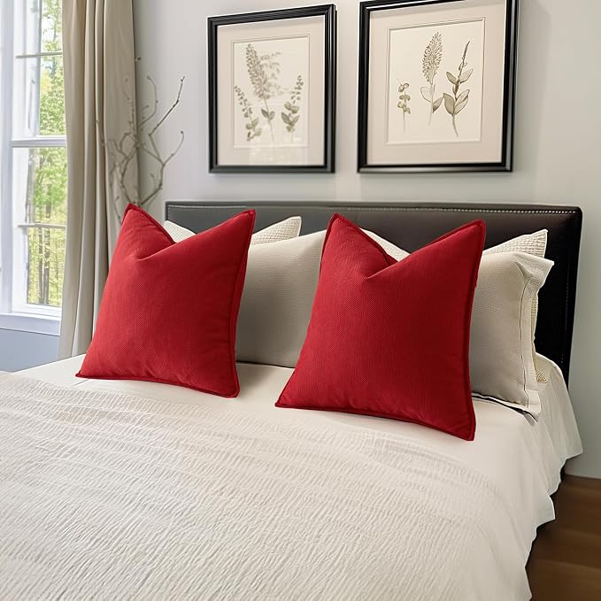 MIULEE Pack of 2 Red Decorative Chenille Pillow Covers 16x16 Inch | Soft Couch Throw Pillows,Farmhouse Cushion Covers with Elegant Design for Sofa,Bedroom,Living Room,Spring Home Decor