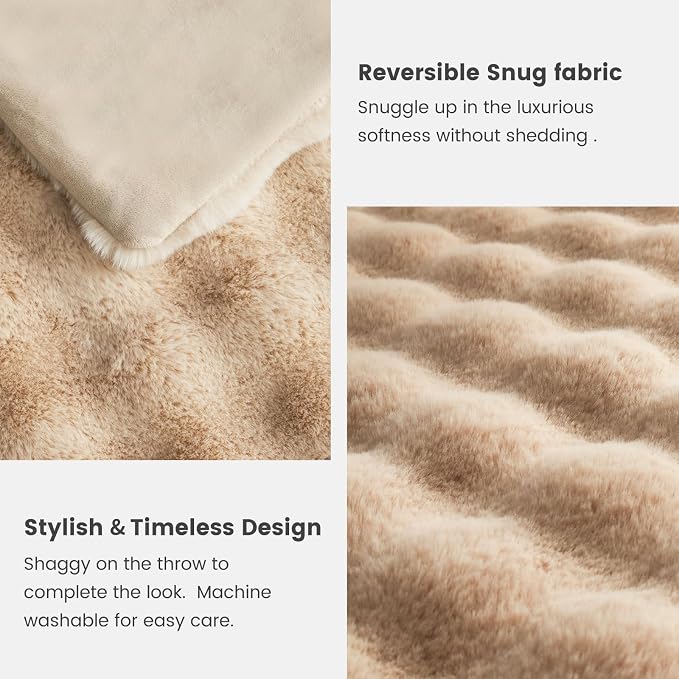 Cozy Bliss Faux Fur Throw Blanket for Couch, Fuzzy Soft Plush Thick Bubble Blanket for Sofa Bedroom Living Room, 50 * 60 Inches Beige