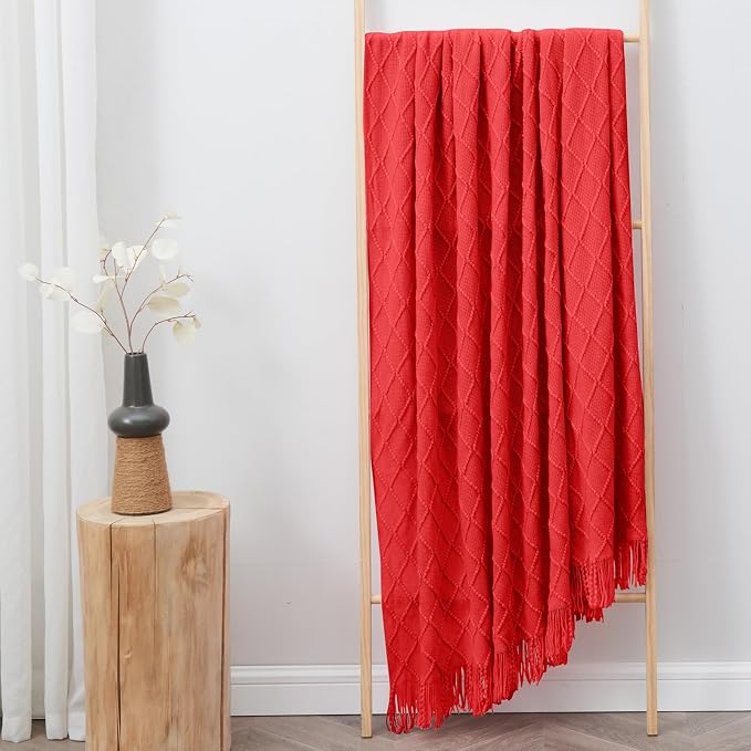 inhand Red Knitted Throw Blanket for Couch and Bed, 50"x60" | Gifts for Mom from Daughter Son, Soft Lightweight with Tassels, Farmhouse Warm Decorative Blanket for Women, Cozy Knit