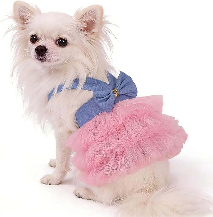 Dog Dress, Fashion Puppy Tutu Princess Dresses for Small Dogs Girl, Sweet Skirt with Dog Bowknot Clips, Spring Dog Cat Clothes Pet Apparel (Denim Dress Tutu, X-Small)