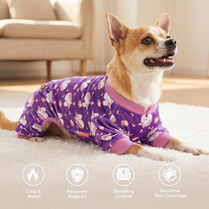 KYEESE Velvet Dog Pajamas for Small Dogs Soft Onesie Shirt, Unicorn Purple | 4-Way Stretch, Lightweight & Breathable, Reduces Shedding, Gentle on Sensitive Skin, Recovery Support, Easy Potty Breaks