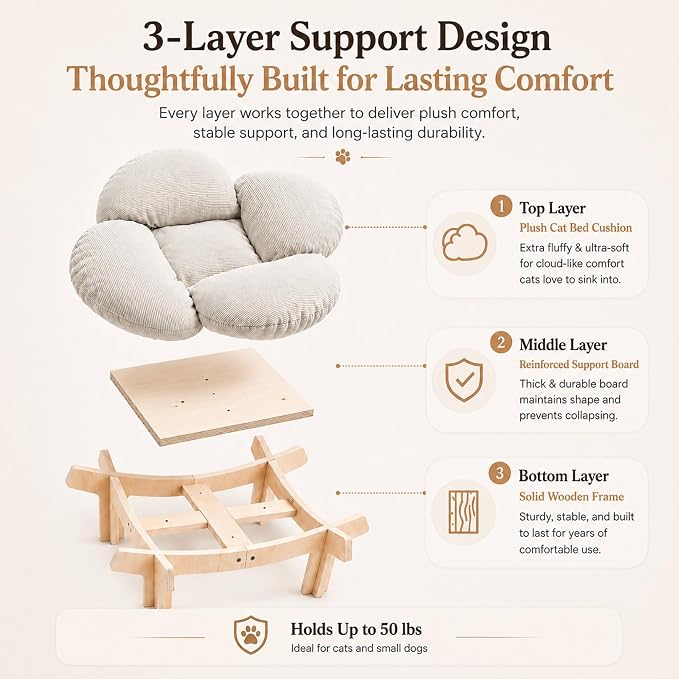 Wooden Elevated Cat Bed, Pet Sofa Furniture with Washable Cushion (Beige) | Soft Beds with Extra Filling prevent flattening, while Stable Wooden Frame with Base Board supports 50 lbs for Kitty & Puppy.