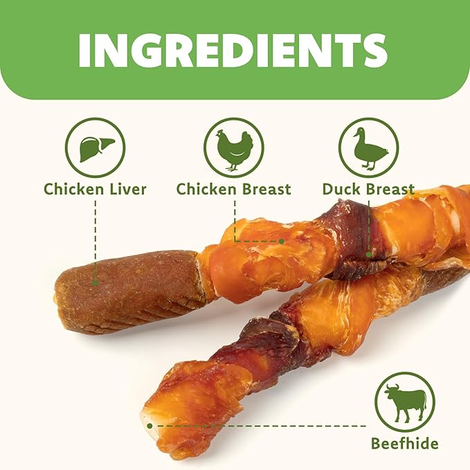 MON2SUN Dog Treats, 6 Inch Triple Flavor Wrapped Rawhide Rolls, 35.27 oz | 20 Count, Chicken Liver, Duck and Chicken Recipe, Teeth Cleaning Chews, Sized for Medium Dogs