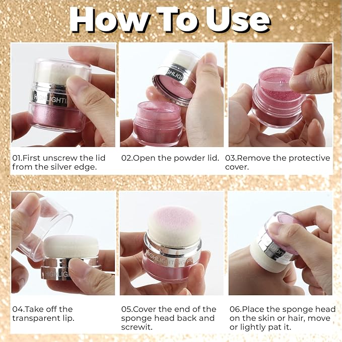 Body Shimmer Powder, Body Glitter Powder with Sponge Head, 3D Contour & Long Lasting Luminous, Glow Highlighter Makeup for Face, Eyes, Hair, Perfect for Daily, Party (Pink, 1.13 Oz)