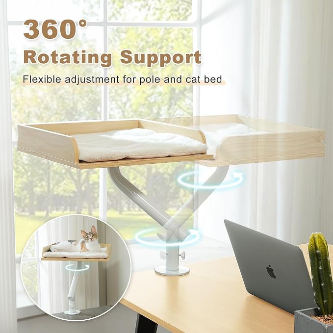 PAWZ Road Cat Desk Bed 360°Rotating Supports to 50 Lbs Cozy Nest for Desk | Wooden Desk Mount Cat Bed with Sturdy Clamp – Fits Desks & Tables, Padded Soft Nest for Cats, Holds Up to 50 lbs