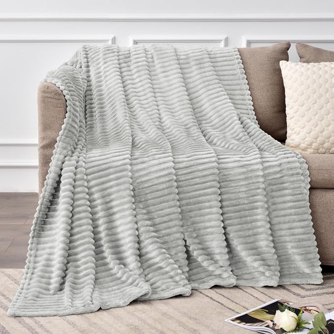 BEDELITE Ribbed Jacquard Light Grey Fleece Twin Blanket for Bed, 60x80 Inch | Soft Warm Decorative Fluffy Blanket, Cozy Plush Lightweight Fuzzy Throw Blanket for Couch Sofa Room Decor, Gift for Women