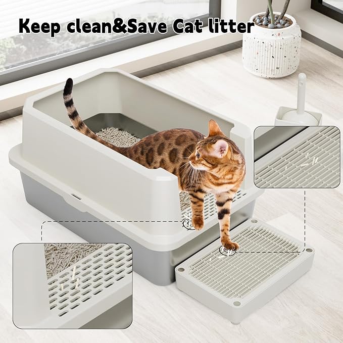 RIZZARI Stainless Litter Box Semi-Closed: Odorless, Large, Easy Clean | High Splash Guard / Non-Stick Steel Pan / 20L Capacity / Raised Step / Fits Any Room / Multi-Cat Use