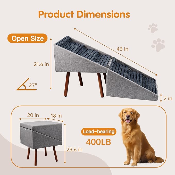 XXL 2-in-1 Ottoman Dog Stairs for Large Dogs,21.6 Inch Foldable | 6 Step Pet stairs for Bed and Couch,Safe Dog Stairs for Small Dogs,Joint Relief,Easily Fold Flat for Compact Storage