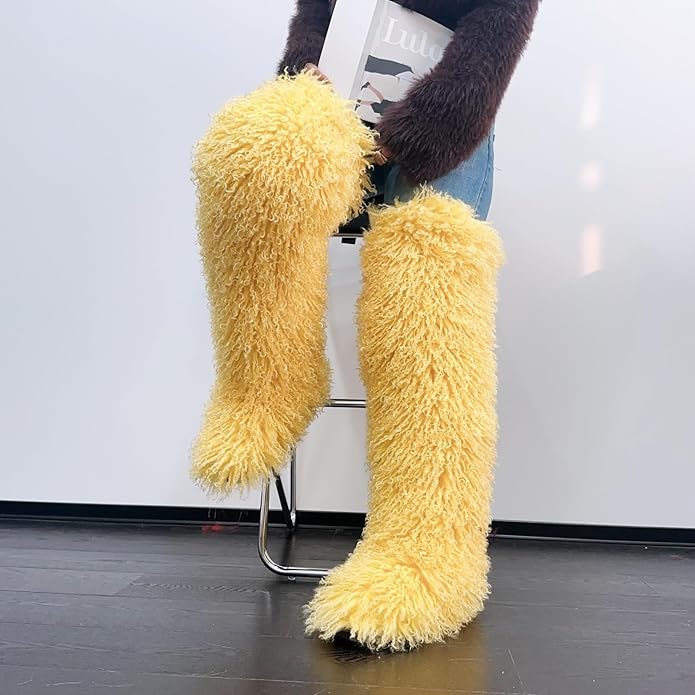 SWEETHEART BEAUTY Thigh High Shagy Teddy Fur Boots, 29 Inch Over the Knee Length Fluffy High Boots, Tall Furry Shoes For Women