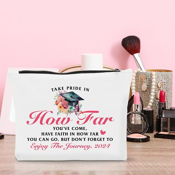 Graduation Gifts for Women, Class of 2024 Gifts, 2024 Graduation Congratulations Gifts Cosmetic Bag, Take Pride in How Far You've Come Makeup Bag, Cheer Up Birthday Gifts for Friend Sister
