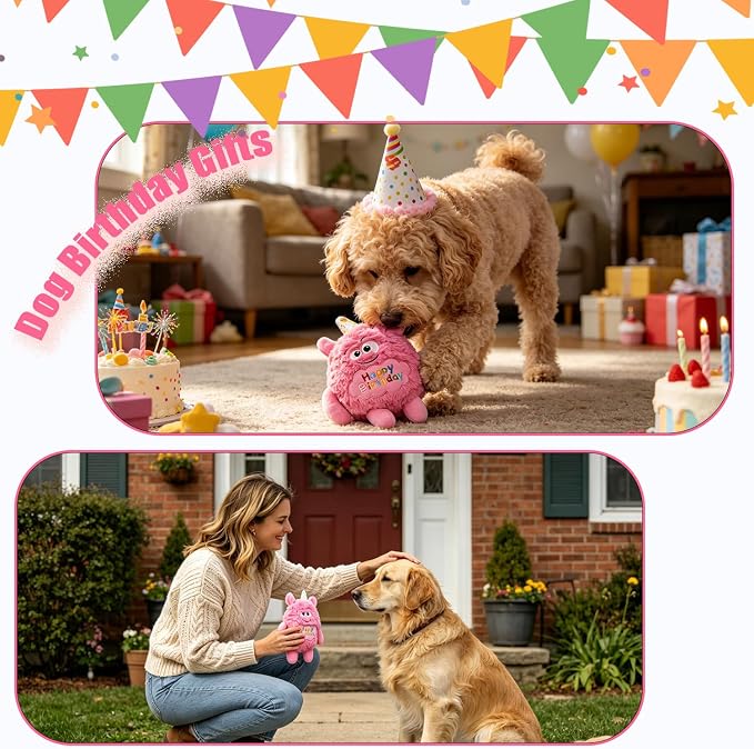 Monster Dog Birthday Toy for Gifts, Stuffed Dog Plush Toy, Pink | Crinkle Squeaky, Soft Lightweight Toy for Fetch and Chew, Interactive Outdoor Indoor Play for Tug, For Puppy Small Medium Dog