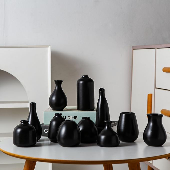 Tanvecle Small Black Vases, Ceramic Bud Vase Set 11, Modern Home Decor | Mini pottery vases for pampas grass, flowers, minimalist home decor, wedding centerpiece for dining table living room shelf