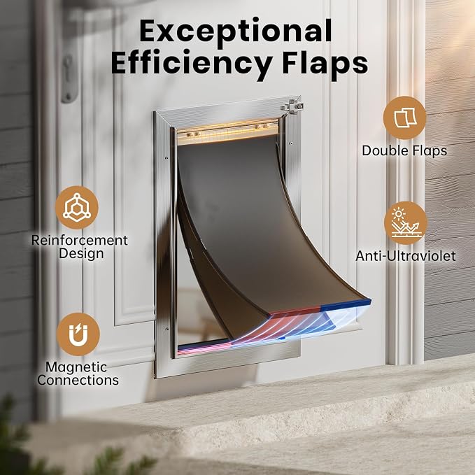 All Aluminum Dog Door, Rust Proof Heavy Duty Large Dog Door for Exterior Doors, Doggy Door with 2 Magnetic Flaps, Energy Efficient, Closing Panel, Pet Door for Pets Up to 110Lb | Rust Proof Heavy Duty Doggy Door for Exterior Doors, Doggie Door with 2 M...