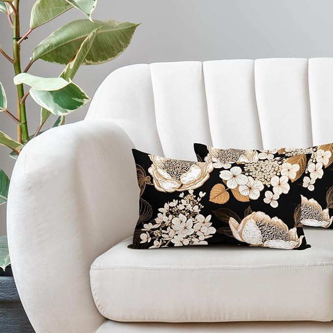 Vintage Flowers Lumbar Pillow Covers 12X20 Inch Set of 2 White Floral Gold Leaves Botanical Decorative Pillow Cases Rustic Black Cotton Linen Cushion Case Farmhouse Home Decor For Sofa Couch Outdoor
