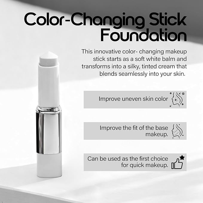 Color Changing Foundation Stick, Medium to Full Coverage Cream Stick Hydrating Makeup, Dual-Ended with Soft Brush for Flawless Look, Portable & Travel-Friendly (Natural) (Ivory)