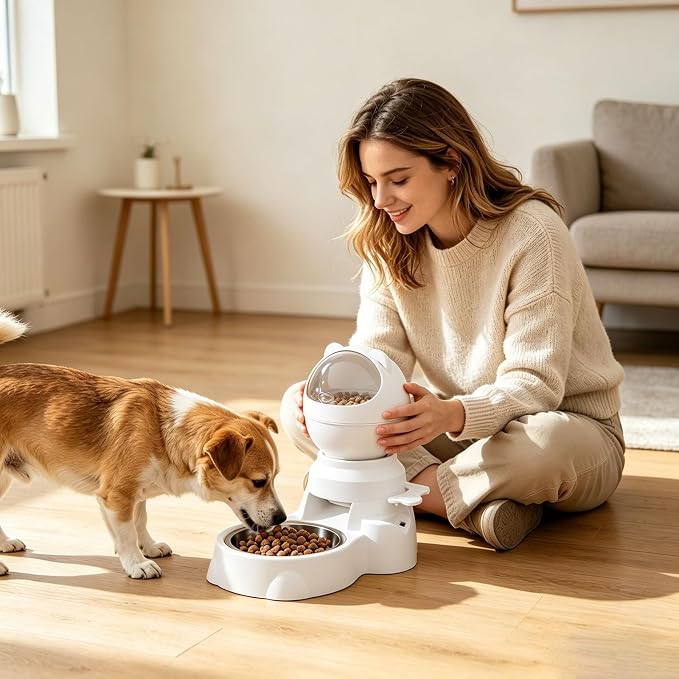 Automatic Gravity Pet Feeder Dispenser,Treat Dispenser with Button for Slow Feeder,Dog Waterer and Food Feeder for Cats Dogs (White)