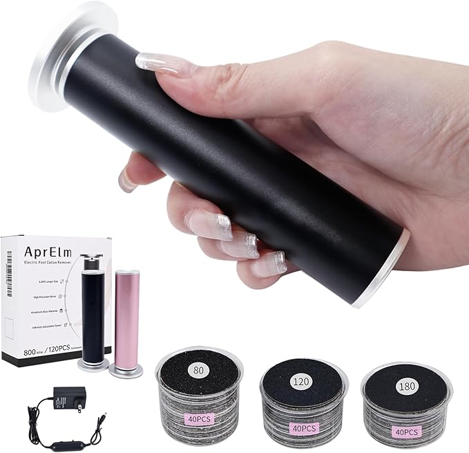 AprElm 4.8IN Longer Electric Foot Callus Remover with 120pcs Sandpaper Discs, Professional Aluminum Callus Remover for Feet, Stepless Speed Control Pedicure Tools for Dead Skin (Black-pro)