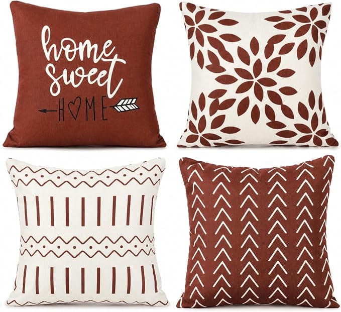 YCOLL Rust Linen Pillow Covers 20x20 Set of 4, Home Sweet Home Farmhouse Throw Pillow Covers, Holiday Decorative Cushion Covers for Sofa Couch Bed, Autumn Rustic Fall Decor