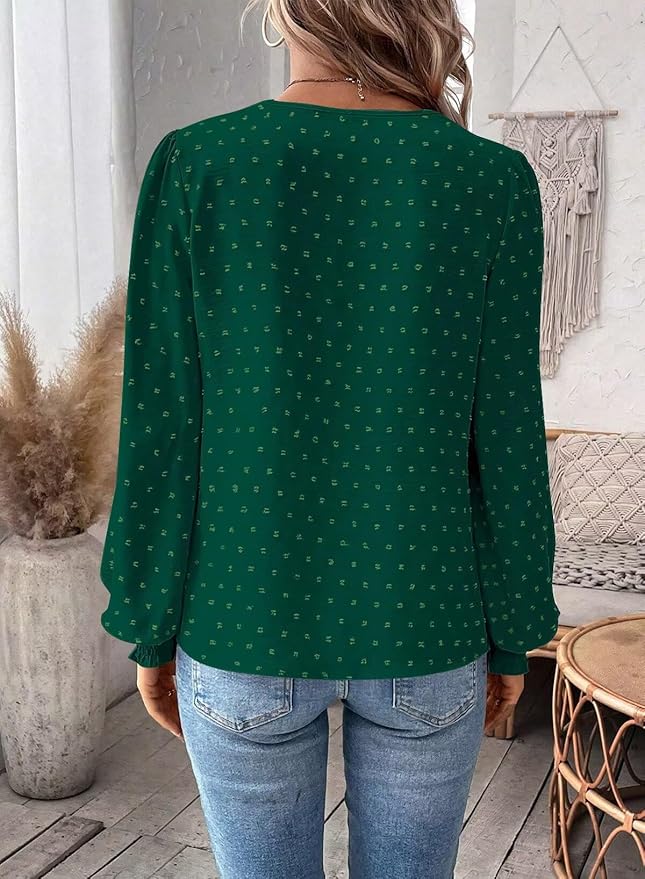 Womens Tops Swiss Dot Boho Long Sleeve Shirts V Neck Casual Chiffon Blouses Flowy Lace Hem Cute Clothing Trendy 2026