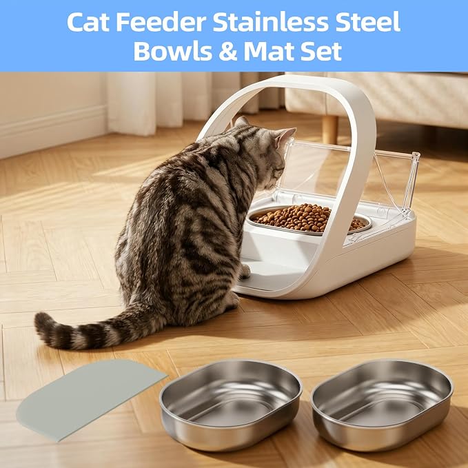 Stainless Steel Bowl and Mat Set for Automatic Microchip Cat Pet Feeder, Sealing Ring Design for Keeping Food Fresh and Reducing Odor, Easy to Clean, SUS 304, Includes 2 Bowls and 1 Mat