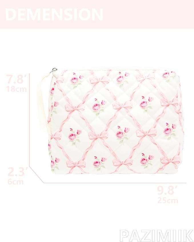 PAZIMIIK Quilted Makeup Bag Large Travel Zipper Soft Cosmetic Pouch for Women Girls Make Up,Bow Rose