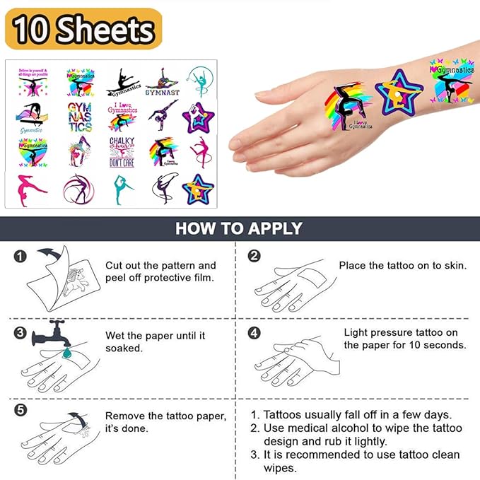 Gymnastic Temporary Tattoos Birthday Themed Party Supplies Decorations Favors 10 Sheets 200PCS Sport Decor Cute Stickers Class School Prizes Gift Kids Boys Girls Carnival Christmas Reward Multicolor
