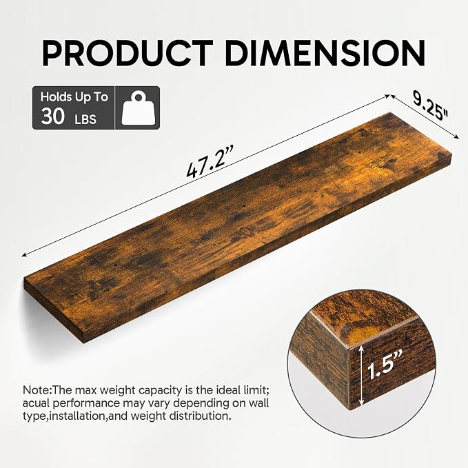 BAYKA Rustic Brown Floating Shelves 47.2in, Set of 2, Wall Mount Wood Shelf | Easy Install, 30lbs Max Load, Hidden Bracket, for Coffee Bar Book Bedroom Kitchen Office Storage Decor, Multi-Wall Compatible