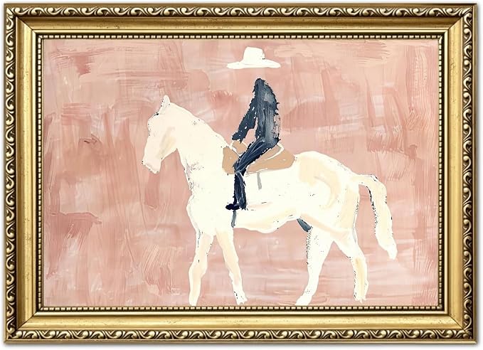 Gold Framed Western Cowboy Wall Art, Modern Abstract Cowboy on Horse Wall Decor Painting Vintage Southwestern Ranch Canvas Prints Picture for Farmhouse Living Room Bedroom 16x24 inch