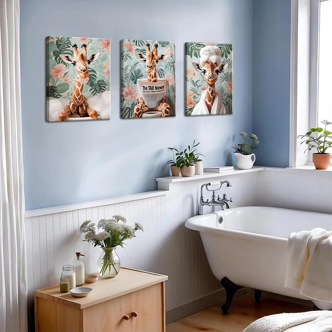 Funny Animal Bathroom Wall Art Set of 3, Cute Giraffe in Toilet Reading Newspaper Wall Decor Paintings Eclectic Giraffe Bathroom Canvas Prints Artwork 12x16 inch Framed