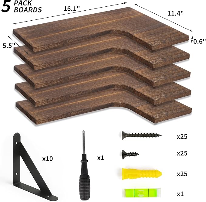 Fixwal Conner Floating Shelves for Wall Decor, Dark Carbonized Black 5pcs | Solid wood shelf with metal brackets, holds 40 lbs. Optimizes corner storage. Fits bathroom, kitchen, bedroom & living room.